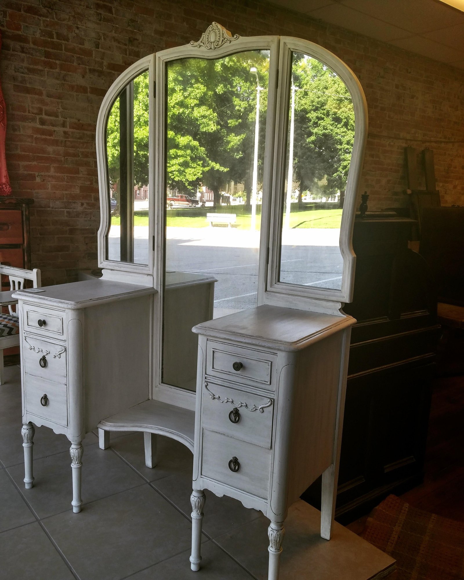 Antique white vanity after restoration