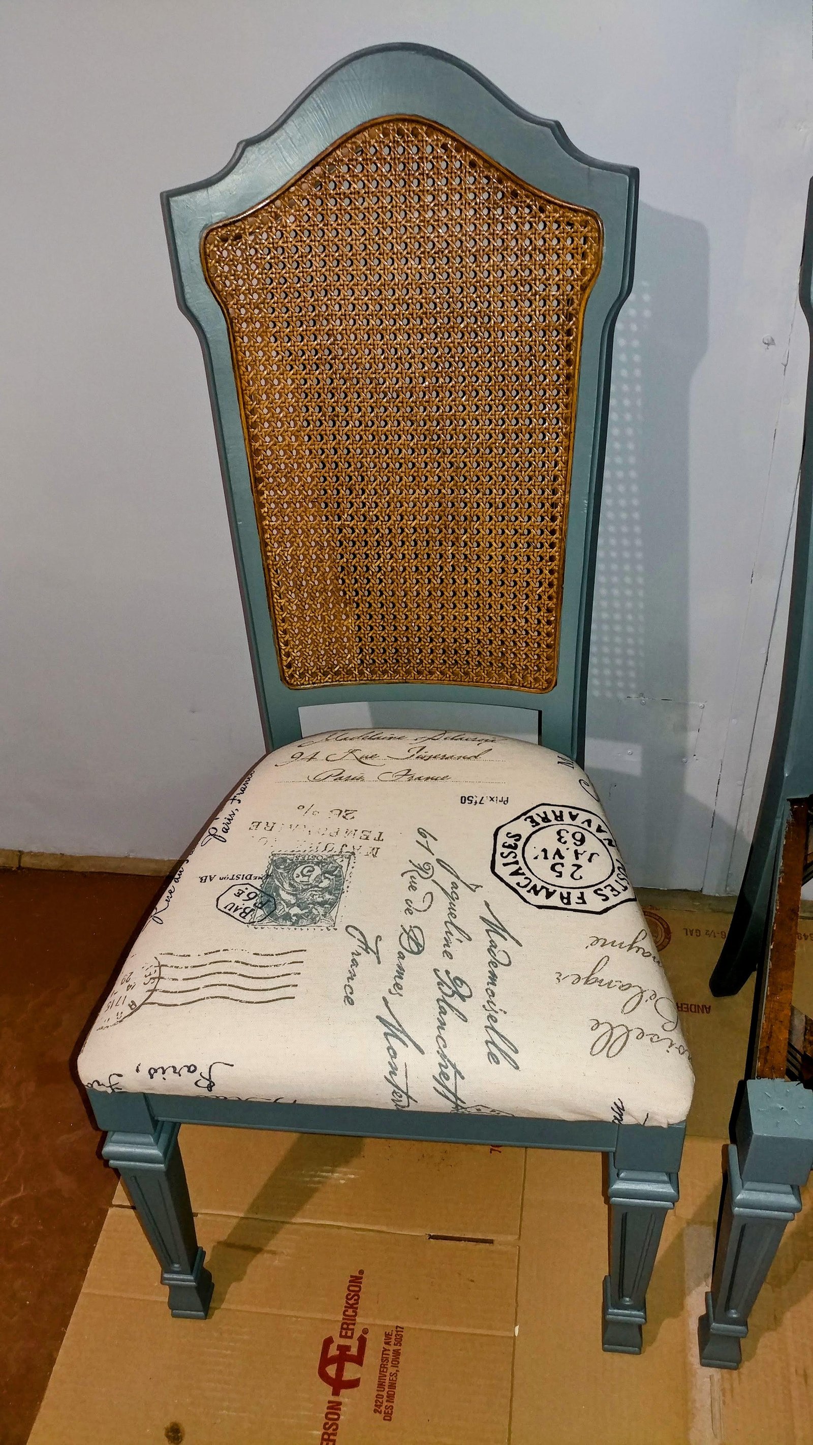 Painted cane-back chair after refinishing