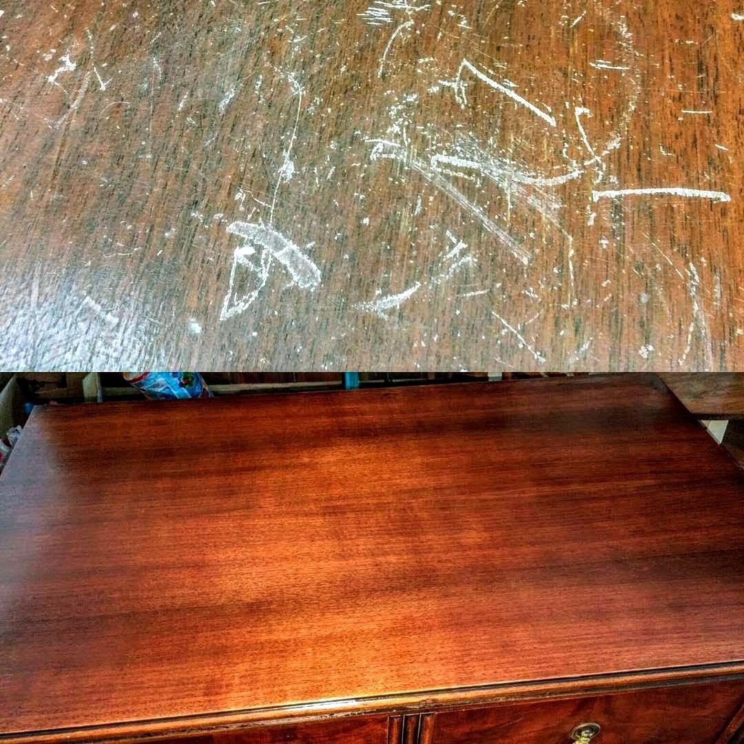 Scratched tabletop before and after refinishing